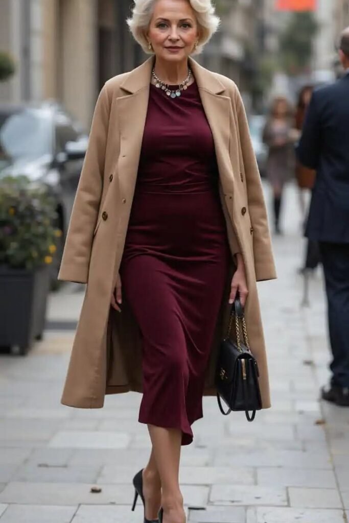 Burgundy Midi Dress + Camel Longline Overcoat + Black Pointed Toe Heels