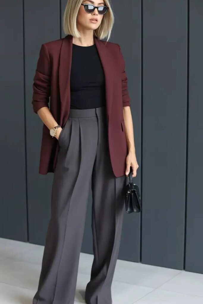 Burgundy Oversized Blazer + Black Top + Grey Pleated Wide Leg Trousers