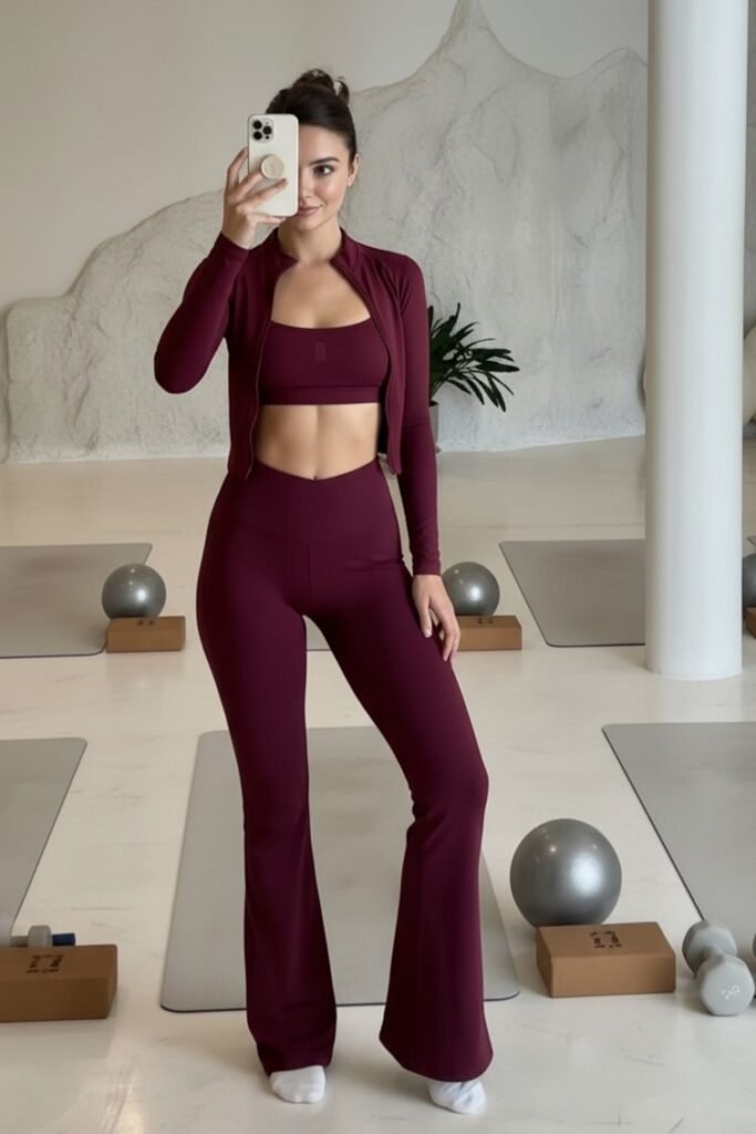 Burgundy Zip Up Jacket + Burgundy Sports Bra + Burgundy Flared Leggings