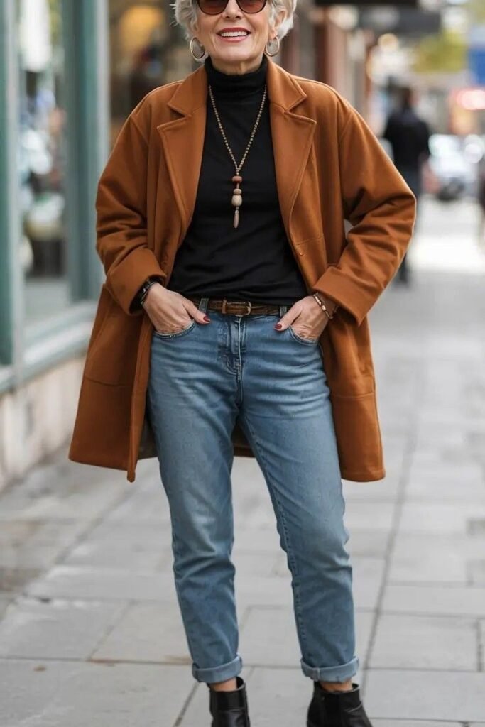 Burnt Orange Overcoat + Black Turtleneck + Light Wash Jeans + Black Ankle Boots