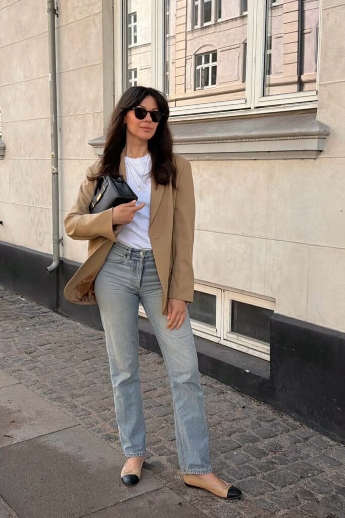 Camel Blazer + White T Shirt + Light Wash Straight Jeans + Two Tone Ballet Flats