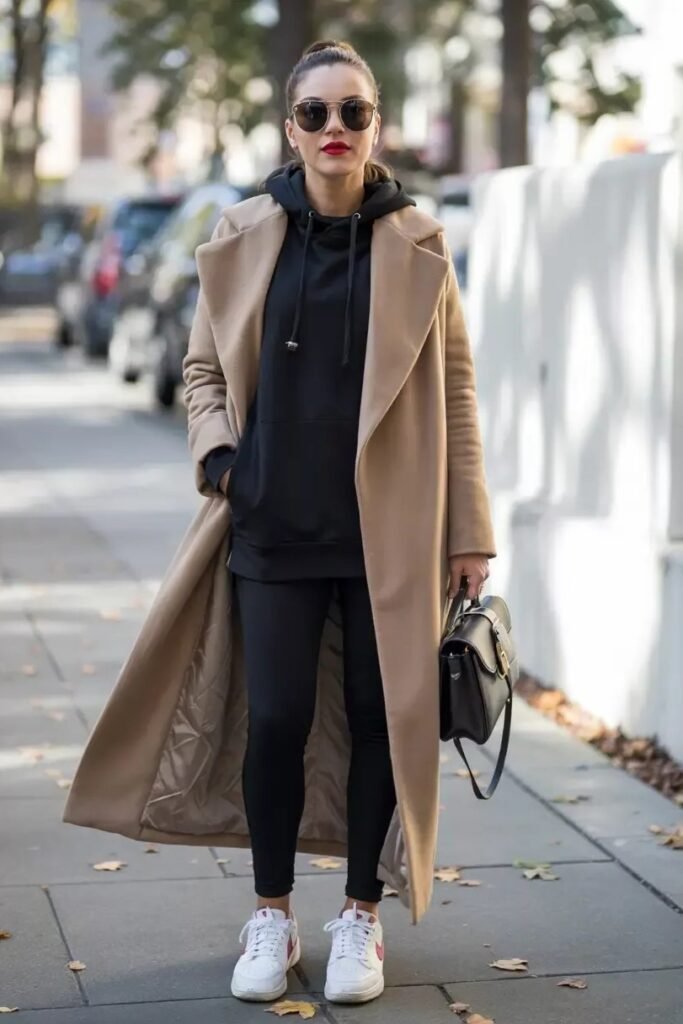 Camel Long Coat + Black Hoodie + Black Leggings + White Sneakers