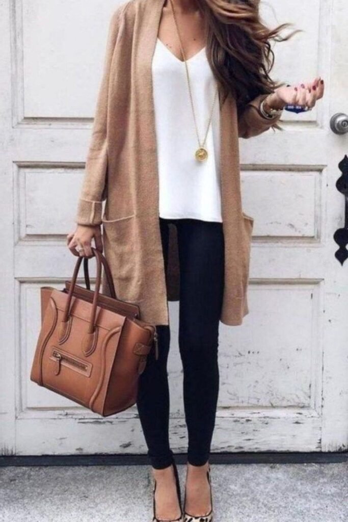 Camel Longline Cardigan + White V Neck Camisole + Black Leggings + Leopard Print Flats