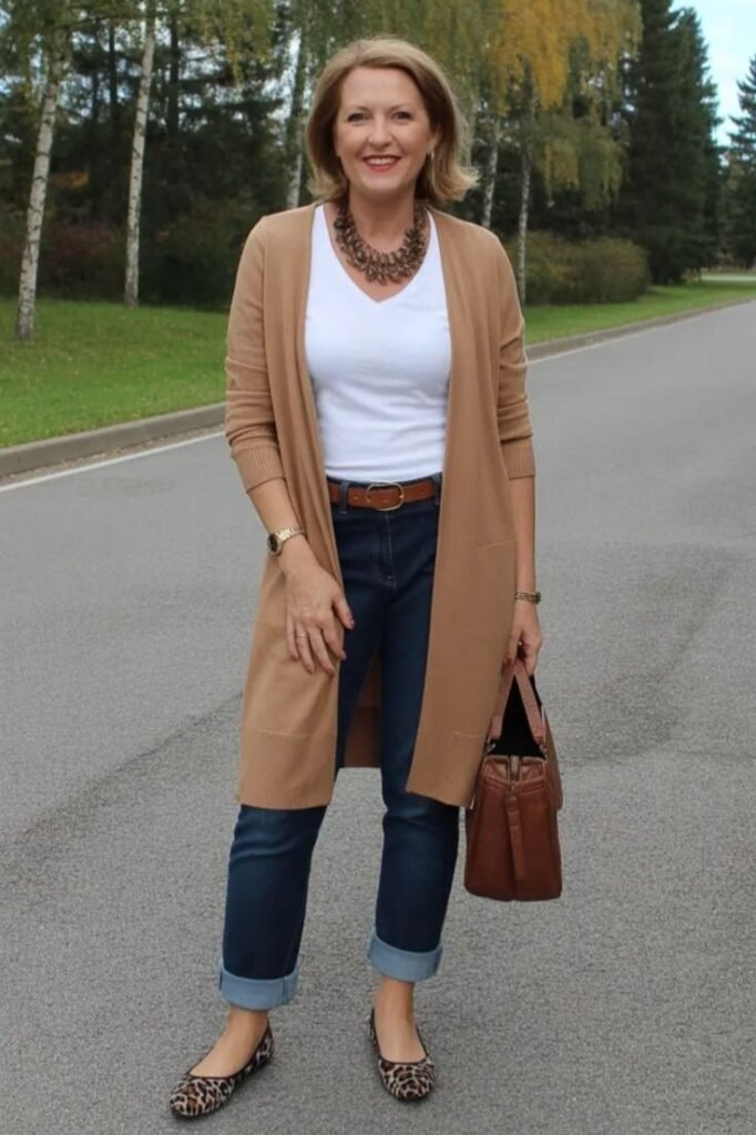 Camel Longline Cardigan + White V-Neck Tee + Cuffed Dark Wash Jeans + Leopard Print Flats