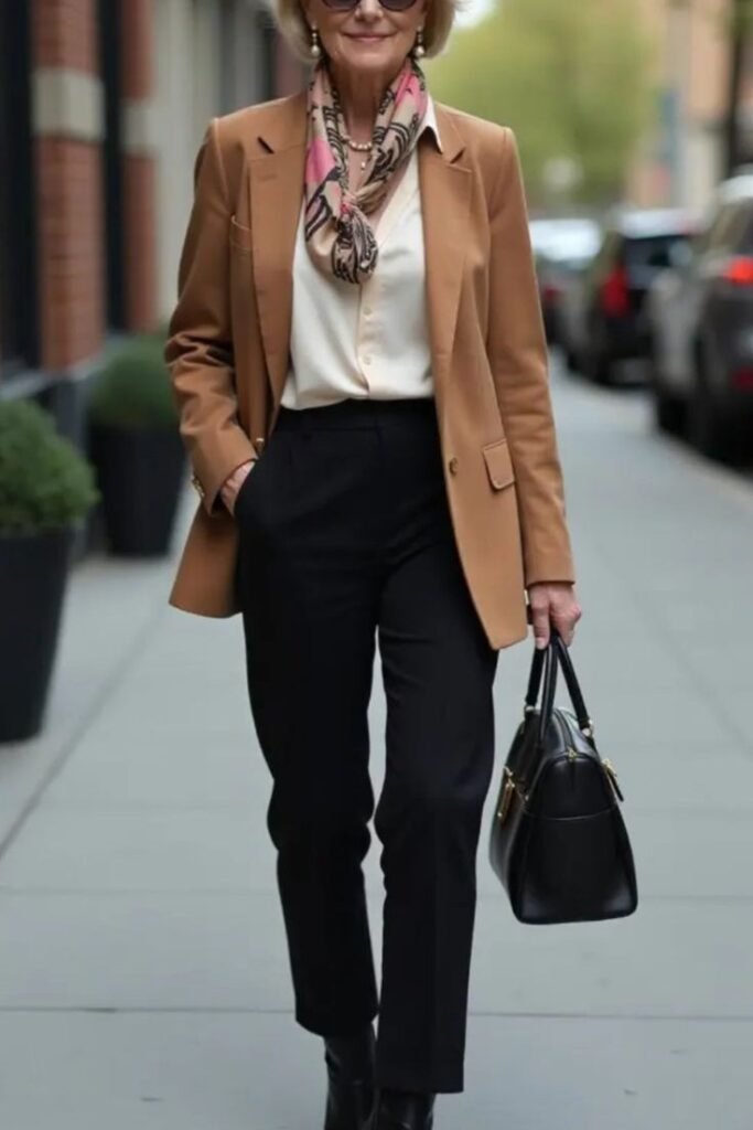 Camel Tailored Blazer + Cream Button Down Shirt + Black Tailored Pants
