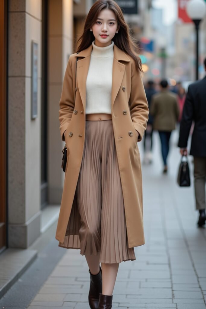 Camel Trench Coat + White Cropped Turtleneck + Dusty Rose Pleated Wide Leg Trousers + Dark Brown Ankle Boots