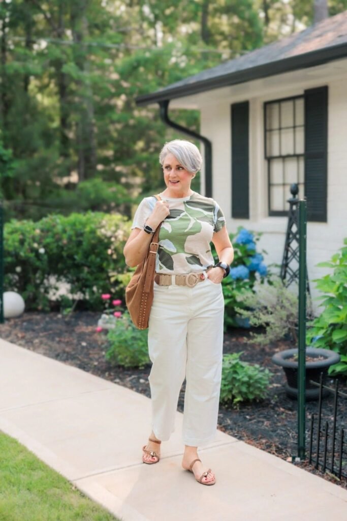 Camouflage Print T Shirt + Off White Cropped Trousers + Tan Flat Sandals