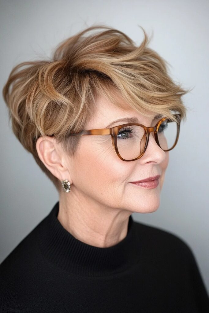 25. Caramel Blonde Layered Pixie with Side-Swept Bangs and Tortoiseshell Glasses