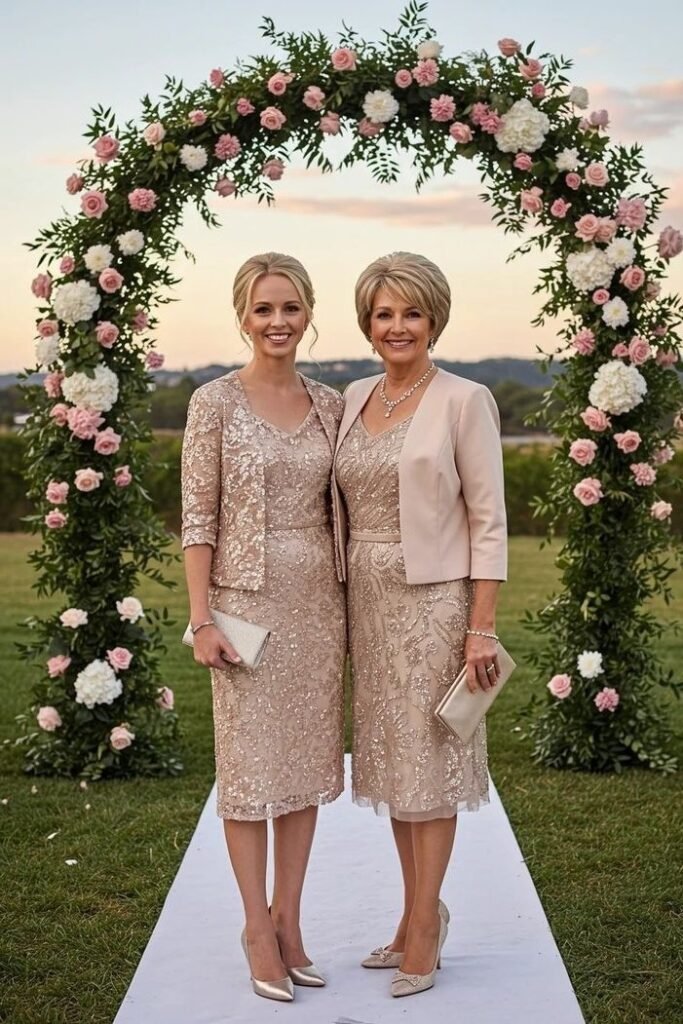 Champagne Sequin Knee-Length Dress + Matching Bolero Jacket + Gold Satin Clutch