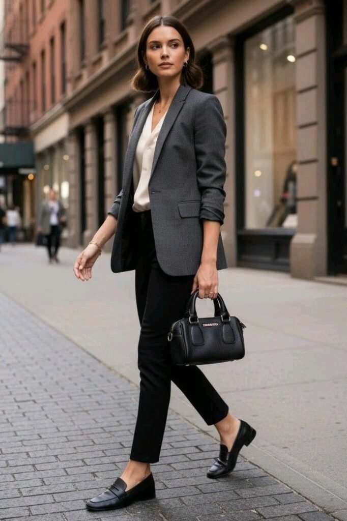 Charcoal Grey Blazer + Cream Satin Blouse + Black Slim Fit Trousers + Black Leather Loafers