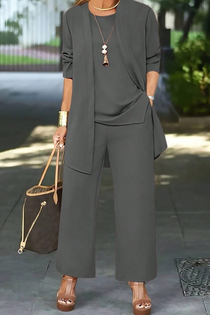 Charcoal Grey Open Cardigan + Matching Charcoal Tunic Top + Charcoal Wide Leg Trousers