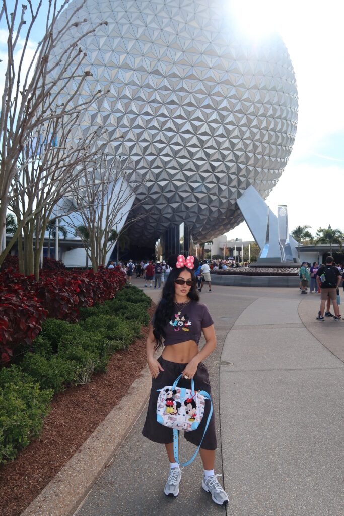 Charcoal Mickey Mouse Crop Top + Dark Grey Baggy Cargo Shorts + Grey Chunky Sneakers