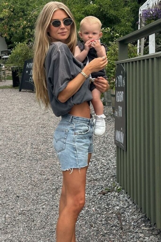 Charcoal Oversized T-Shirt + Light Wash Denim Cut-offs + White Ruffle Socks