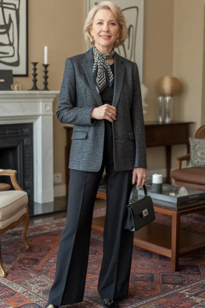 Charcoal Textured Blazer + Black Trousers + Patterned Neck Scarf + Black Loafers