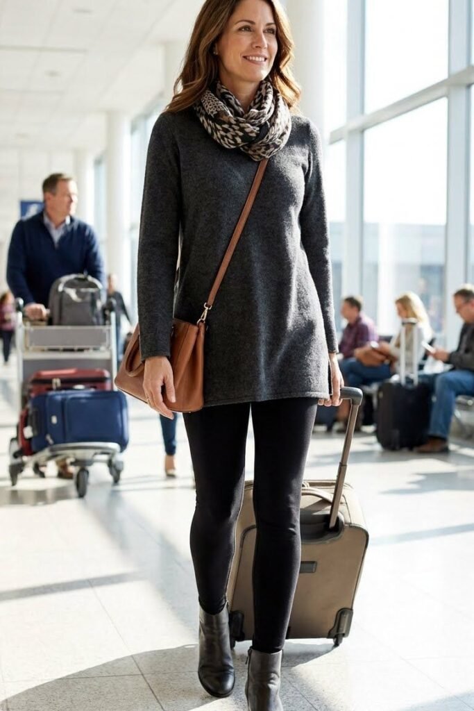 Charcoal Tunic Sweater + Black Leggings + Leopard Print Scarf + Black Ankle Boots