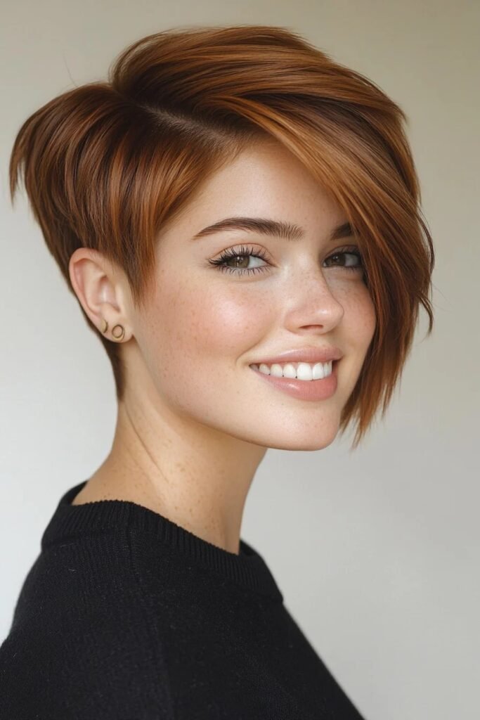 25. Chic Auburn Pixie with Long Side-Swept Bangs