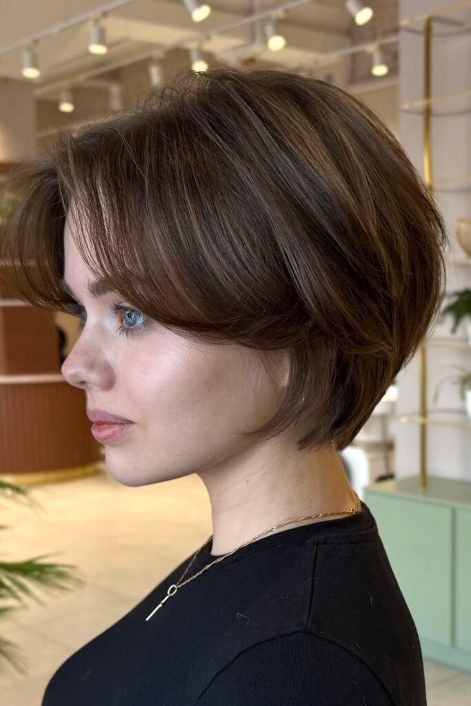 63. Chic Brunette Short Bob with Curtain Bangs