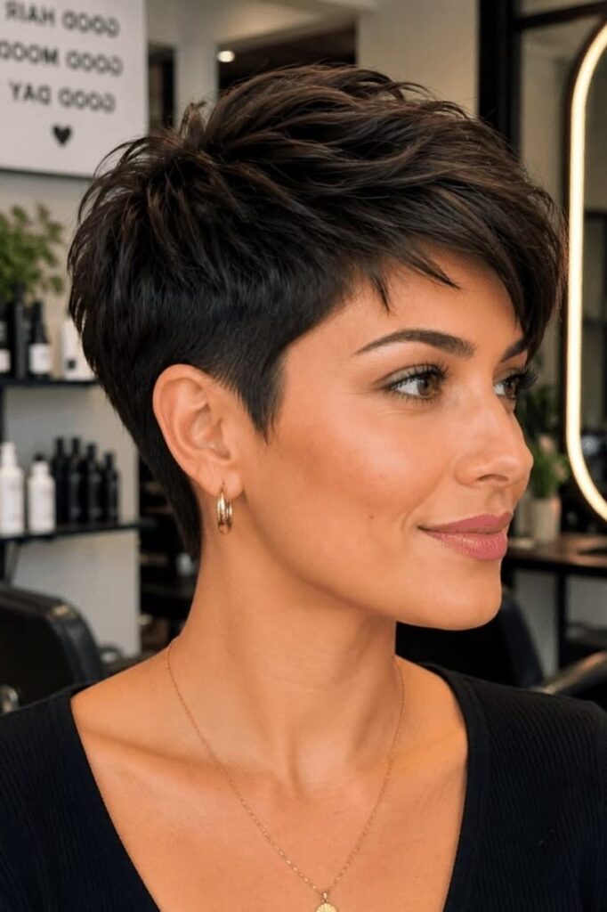 25. Chic Dark Pixie with Textured Crown