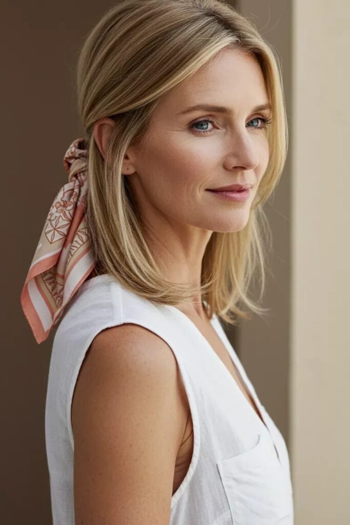 Chic Low Ponytail with Patterned Silk Scarf