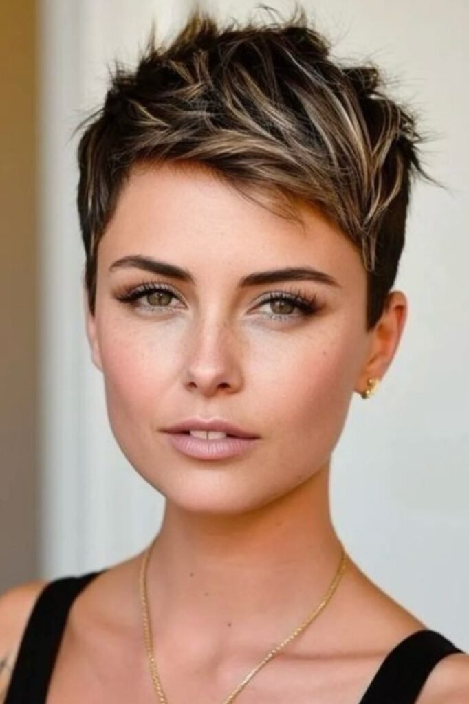 Choppy Brunette Pixie with Blonde Highlights