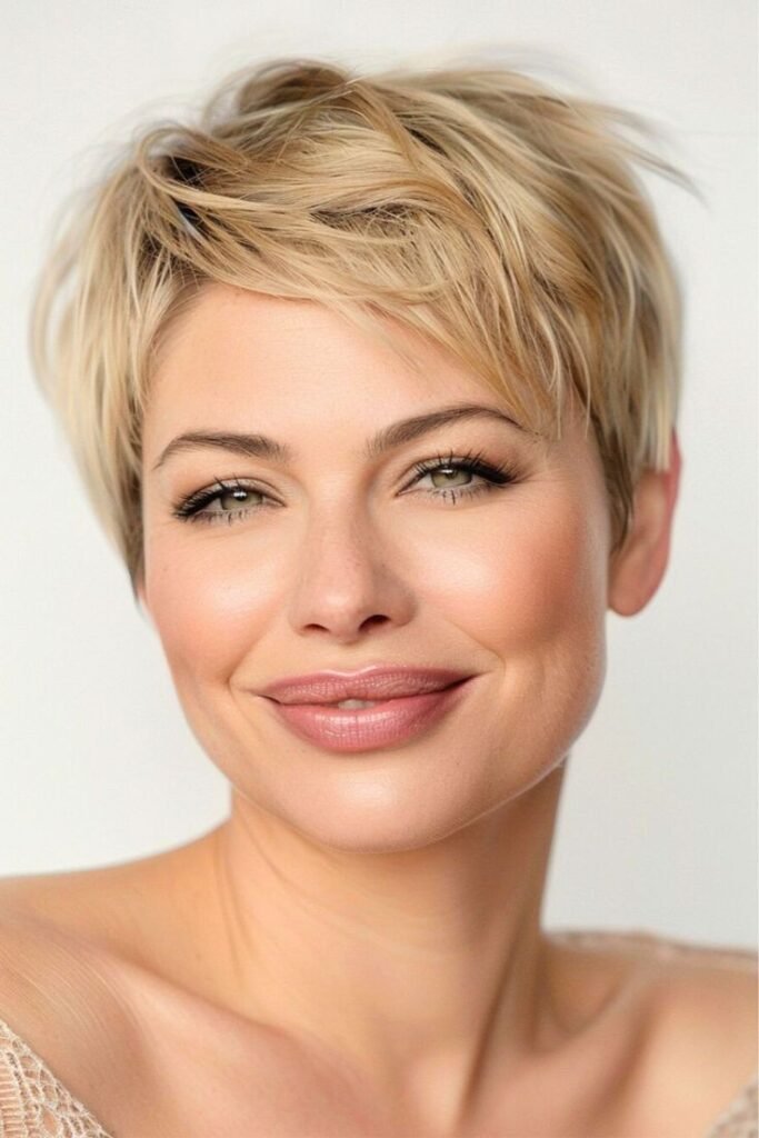 Choppy Honey Blonde Pixie with Messy Crown Texture