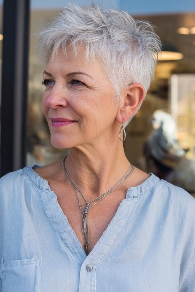 Choppy Salt-and-Pepper Pixie with Lifted Crown