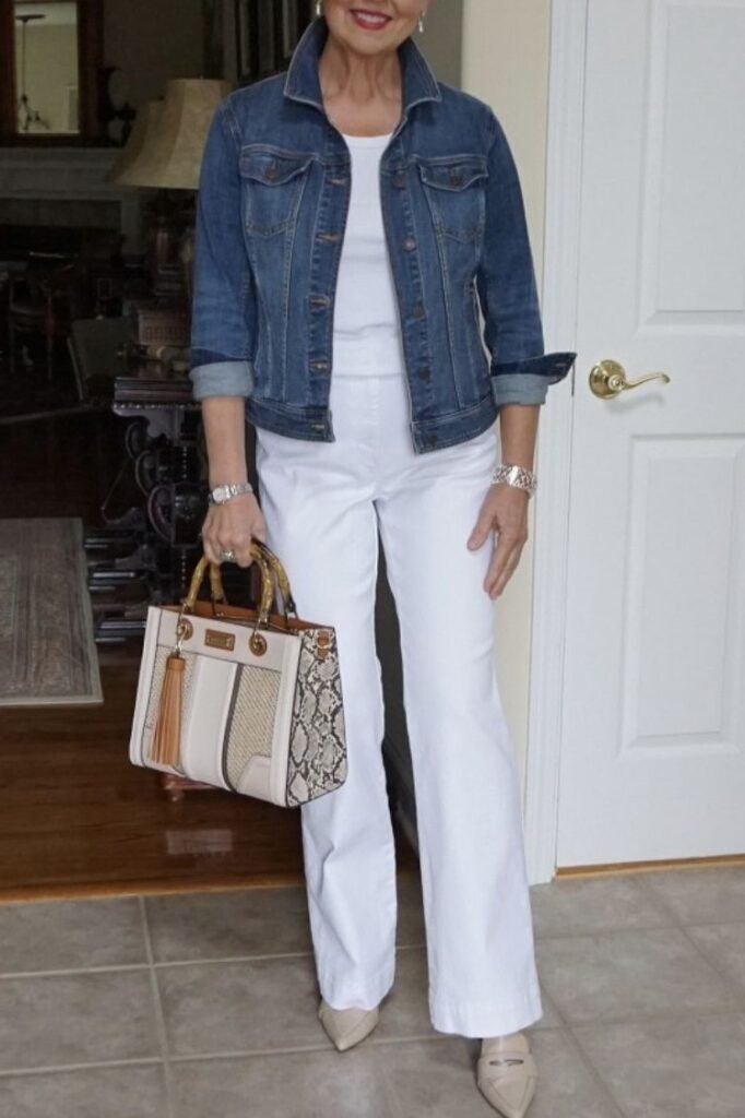 Classic Blue Denim Jacket + White Crewneck Tee + White Wide-Leg Jeans + Beige Pointed-Toe Loafers