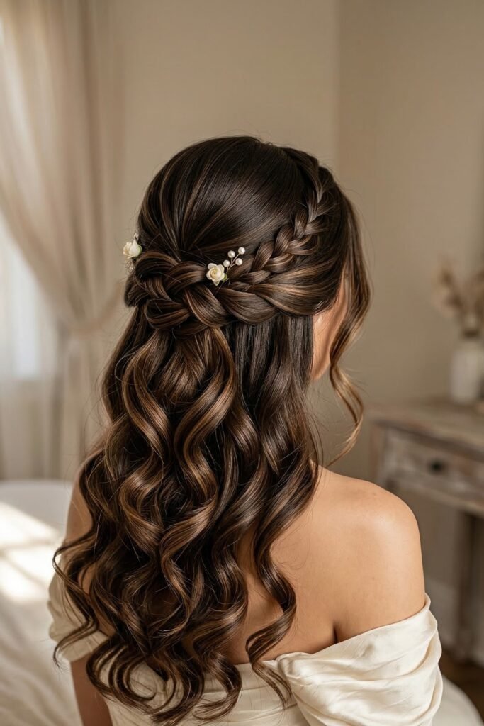 Classic Braided Crown Half-Updo with Brunette Highlights and Pearl Buds