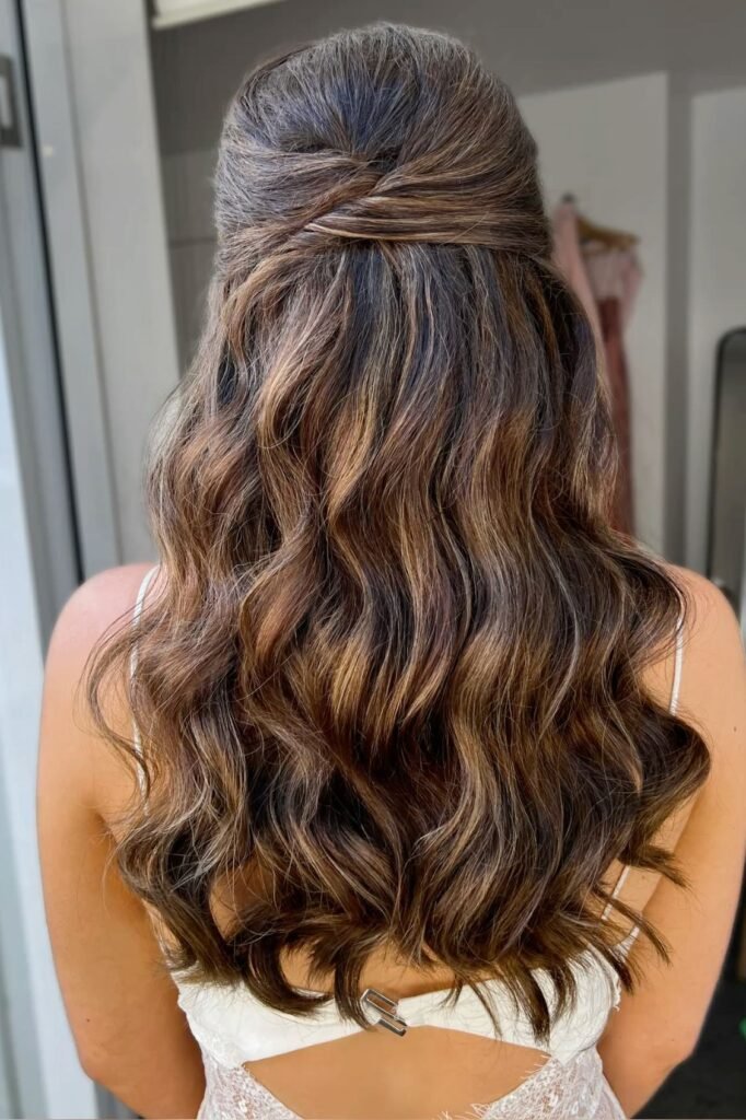 Classic Half-Up Overlapping Twist on Chunky Highlighted Brunette Hair