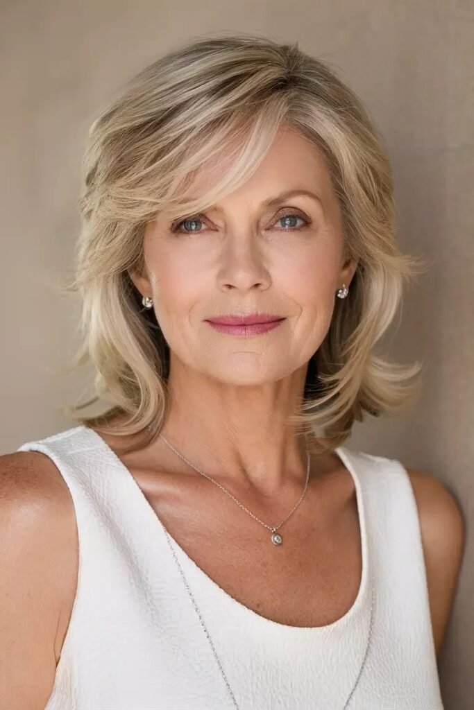 Classic Layered Bob with Side-Swept Fringe and Golden Blonde Hues