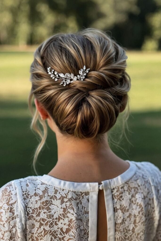 Classic Low Chignon with Leaf-Inspired Crystal Hairpin