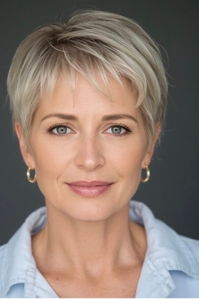Classic Platinum Blonde Pixie with Straight-Across Wispy Fringe