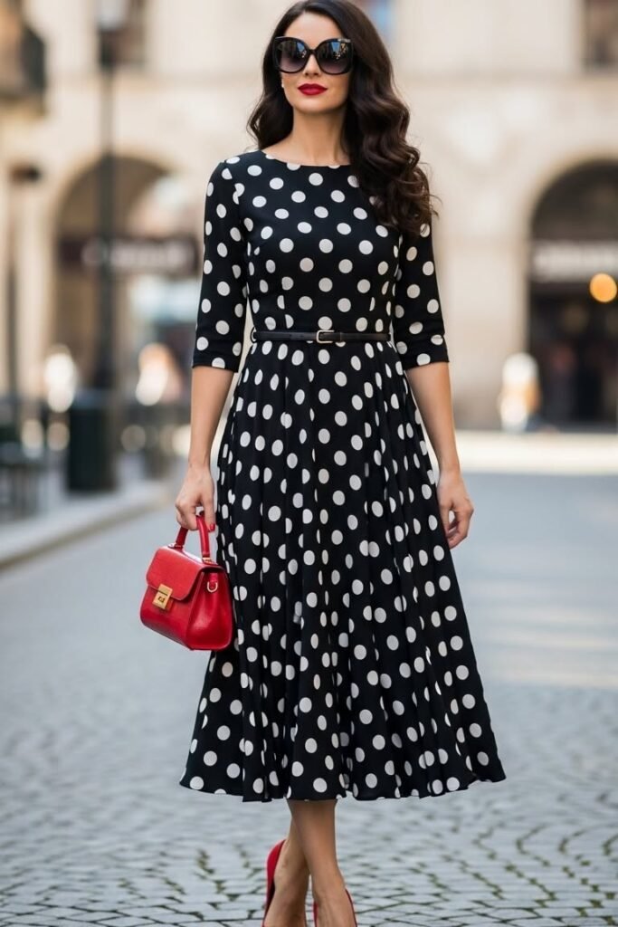 Classic Polka Dot Boatneck Dress + Black Waist Belt + Red Handbag + Red Heels