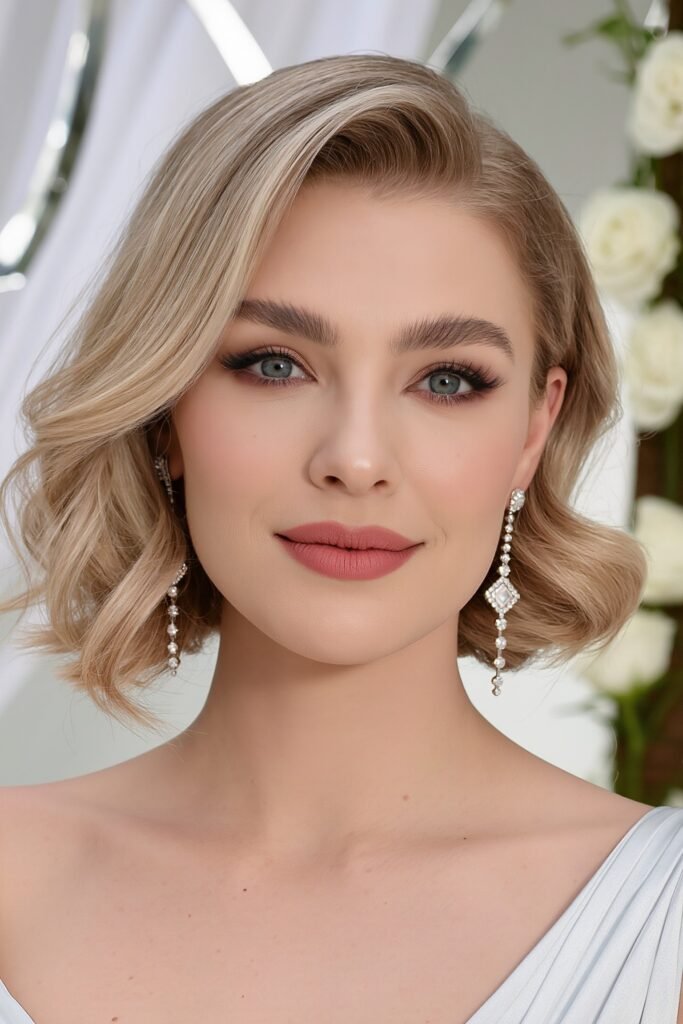 Classic Side-Parted Hollywood Waves on a Short Blonde Bob