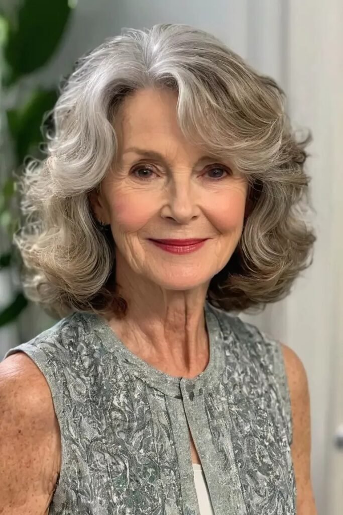 Classic Silver Bob with Soft Curls and Side-Swept Fringe