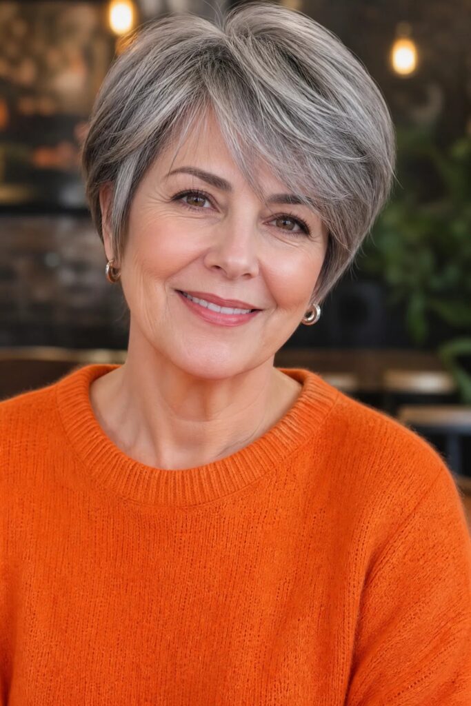 49. Classic Silver Layered Bob with Side-Swept Bangs