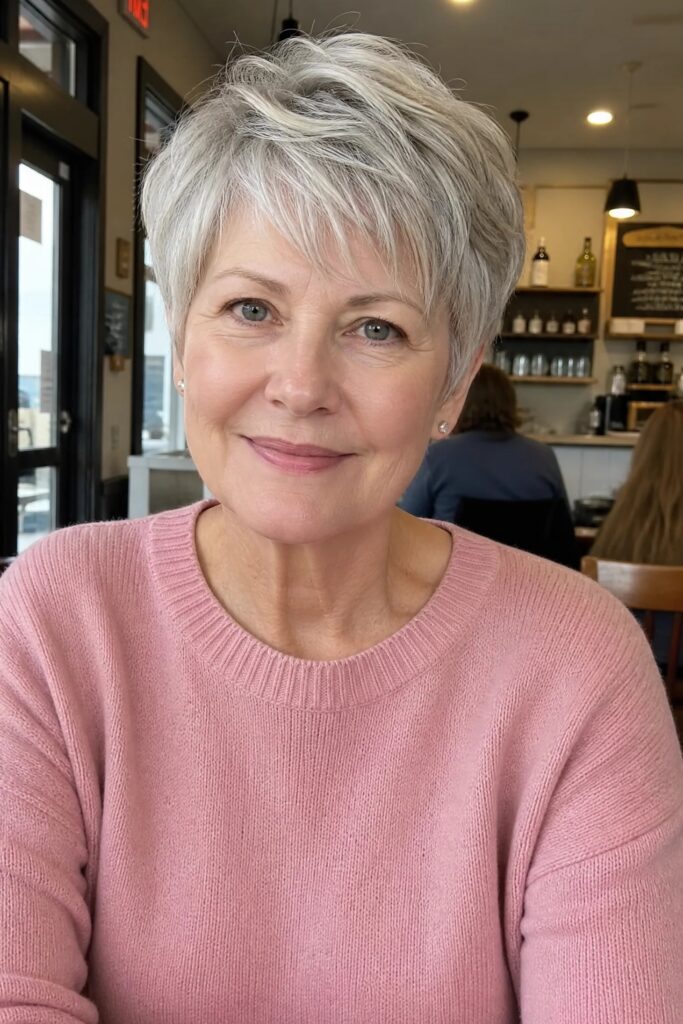 40. Classic Silver Pixie with Piece-Y Textured Bangs