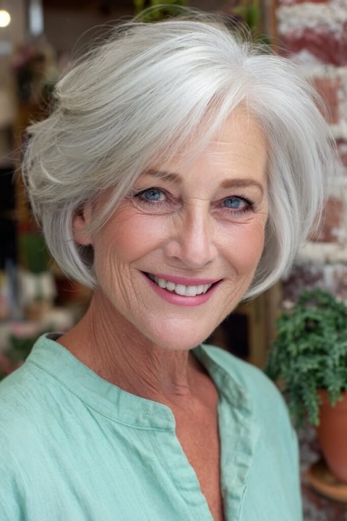 Classic Silver Tapered Bob with Face-Framing Layers