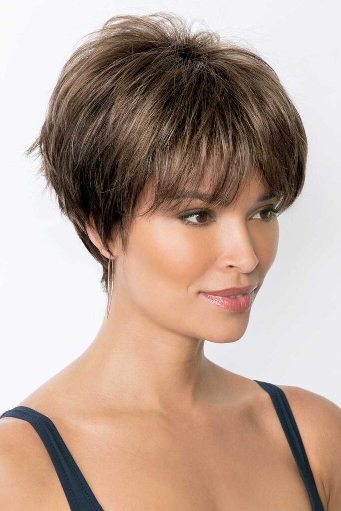 Classic Tapered Brunette Pixie with Full Front Bangs