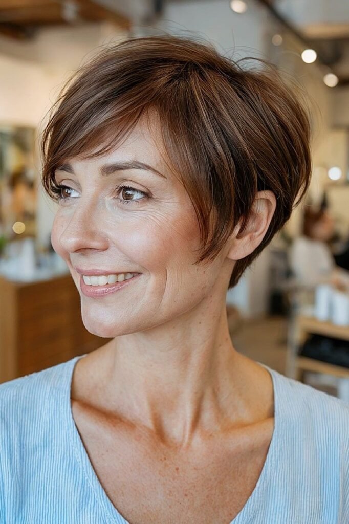 Classic Tapered Pixie Cut in Warm Chestnut Brown