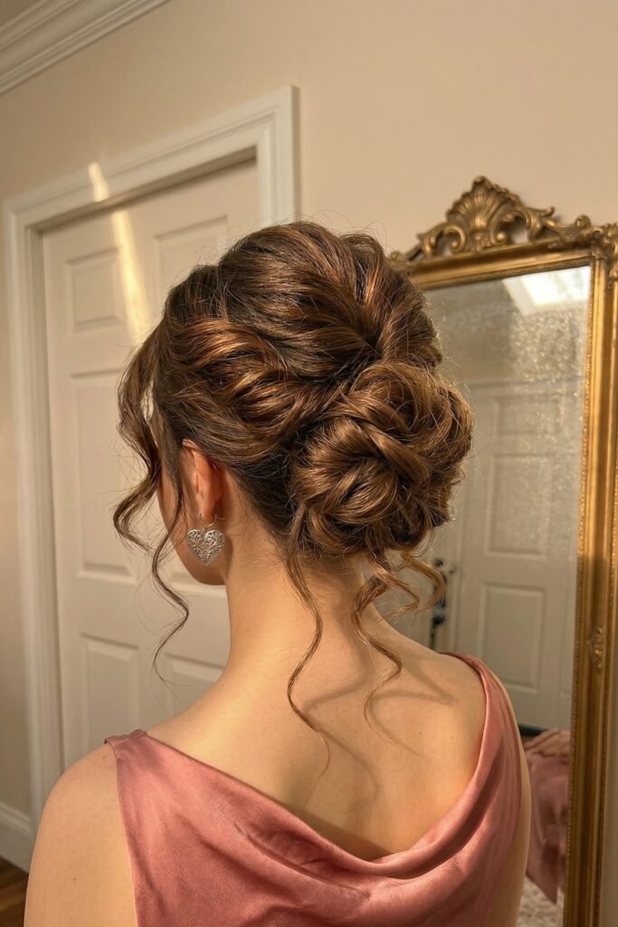 Classic Textured Low Bun with Romantic Spiral Tendrils