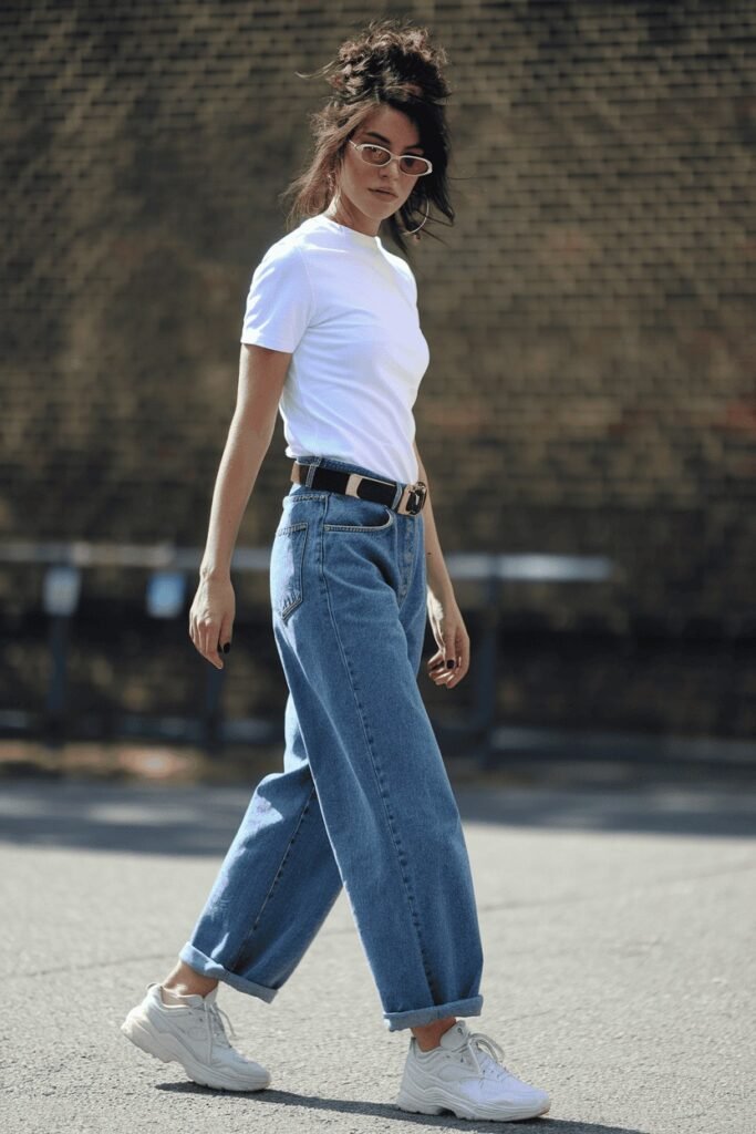 Classic White T-Shirt + Baggy Wide-Leg Jeans + White Chunky Sneakers