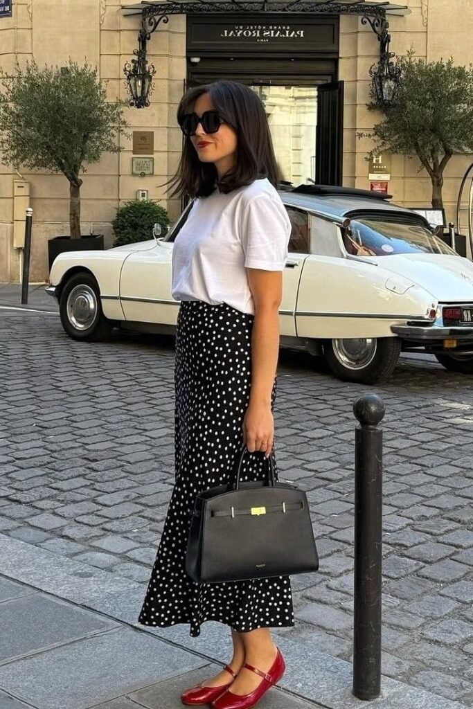 Classic White T Shirt + Black Polka Dot Midi Skirt + Red Mary Jane Flats