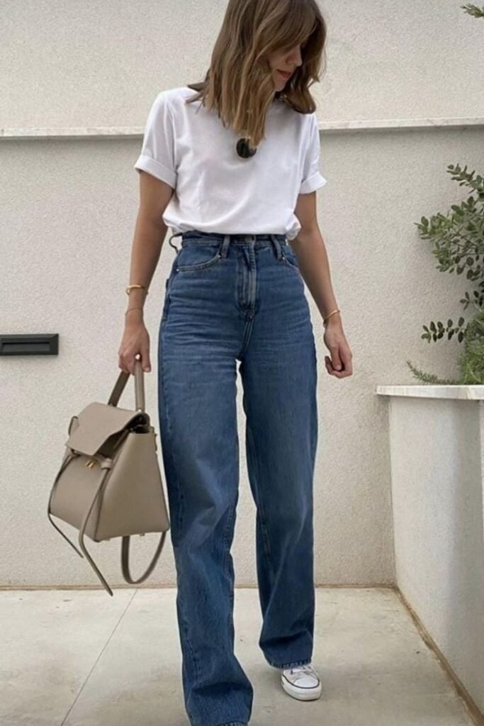 Classic White T-Shirt + Straight-Leg Blue Jeans + White Canvas Sneakers
