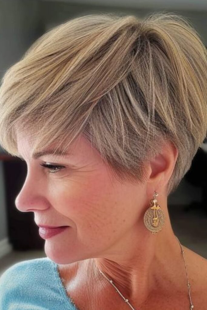 Closely Cropped Blonde Pixie with Side-Swept Fringe