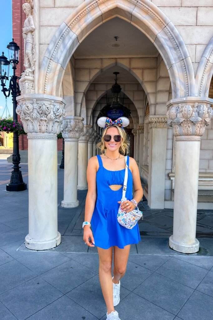 Cobalt Blue Cut Out Mini Dress + White Sneakers + Patterned Crossbody Bag + Sequin Mouse Ears