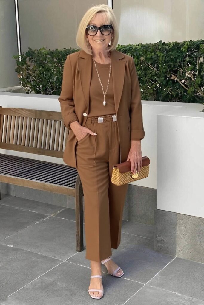 Cognac Brown Blazer and Matching Trousers + Tonal Inner Top + Lavender Strappy Heels