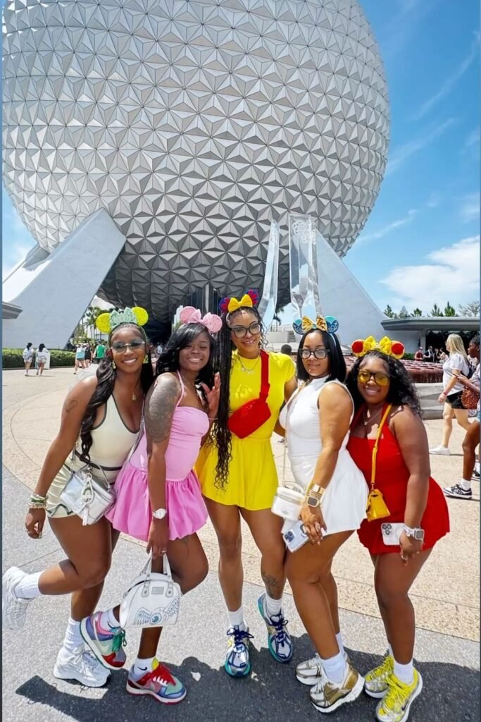 Colorful Mini Dresses + Rompers + White Crew Socks + Athletic Sneakers + Assorted Themed Mouse Ears