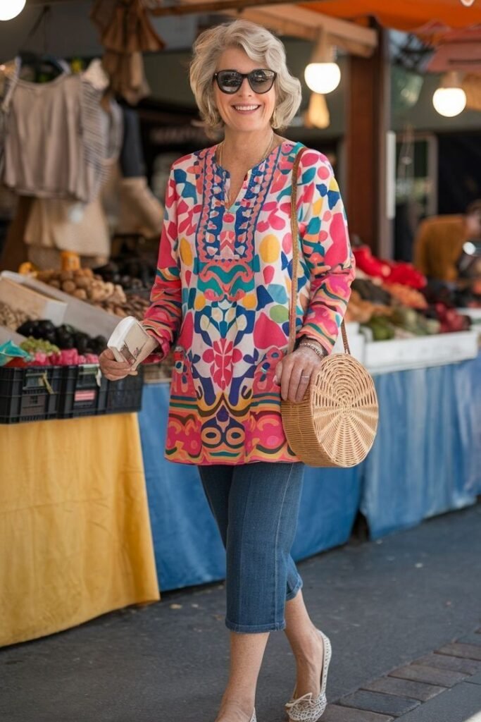 Colorful Patterned Tunic Top + Medium Wash Cropped Jeans + White Patterned Flats