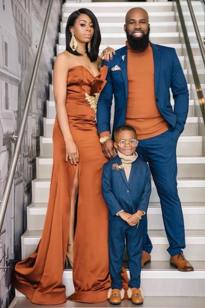 Copper Satin Maxi Dress + Blue Suit with Copper Sweater + Blue Suit
